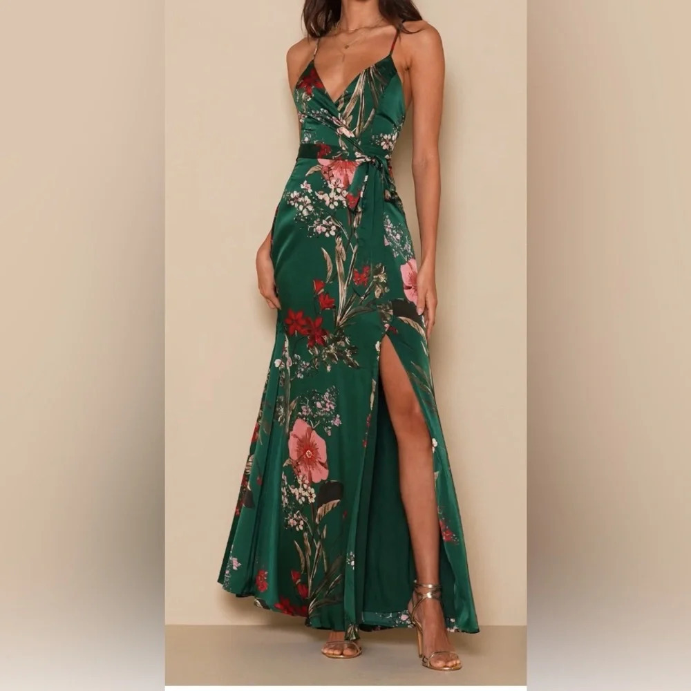 Lulu's Emerald Green Floral Wrap Maxi Dress with Pink & Red Accents